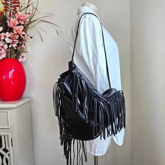 Victoria's Secret Black Vegan Leather Fringe Backpack Handbag Shoulder Bag NWT - Picture 10 of 15